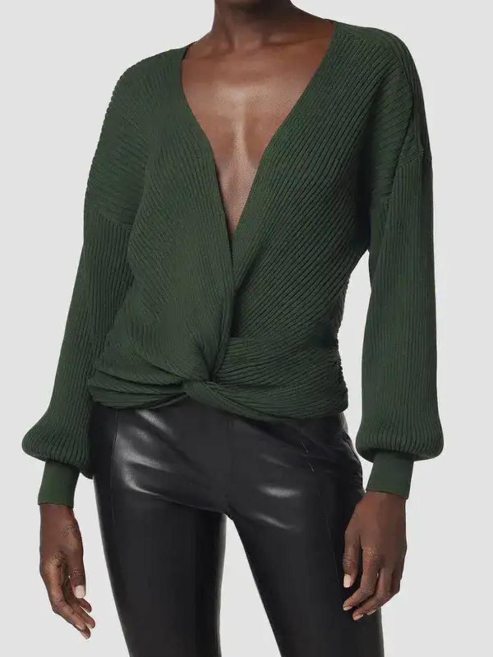 Hudson Jeans Green Ribbed Knotted Sweater V-Neck Twist Front Cotton Size S NWT